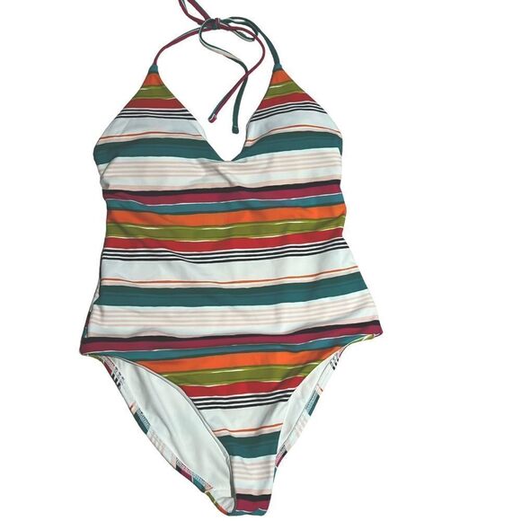 NWT LOFT Beach Striped Halter One Piece Swimsuit sz 4 - Picture 2 of 9